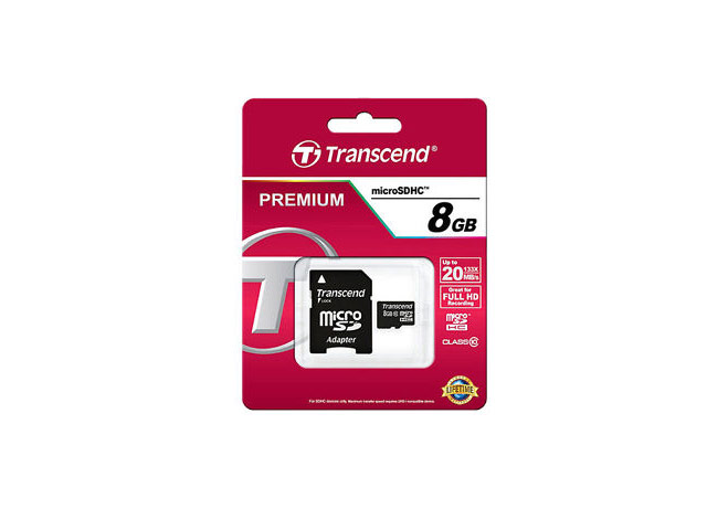 Флеш-карта Transcend microSDHC (8Gb, microSD, Class 10, SD-адаптер)